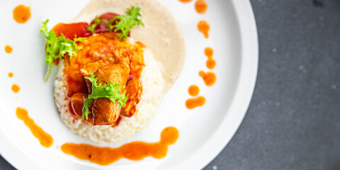 chicken curry meat tomato sauce rice meal food snack on the table copy space food background rustic top view