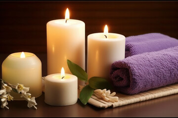 Obraz na płótnie Canvas massage salon. candles and towels. Beauty spa treatment and relax concept. ai, ai generative, generative ai