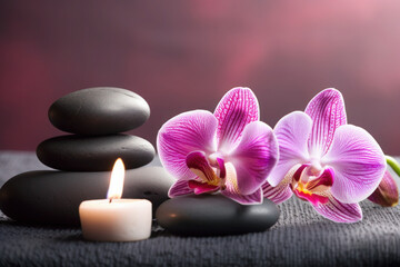 Fototapeta na wymiar stones, candles, flowers in the massage parlour. Beauty spa treatment and relax. ai, ai generative, generative ai