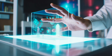 Fototapeta premium Captivating image of a man's hand holding a virtual psychometric test, showcasing the excellence of a psychology lab, evoking strong emotions and curiosity. Generative AI