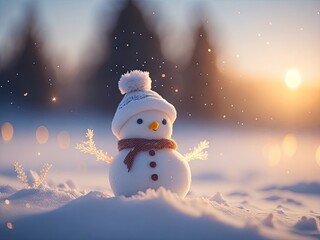 Obraz premium cute snowman standing on snowy field. ai generative