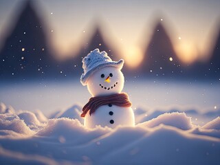 Fototapeta premium cute smily snowman standing on snowy field. ai generative