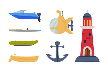 Motorboat, Submarine, Anchor and Lighthouse Vector Illustration Set