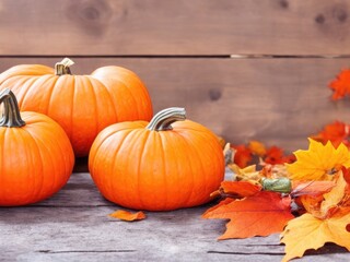 Autumn decorative pumpkins with fall leaves on wooden background. ai generative