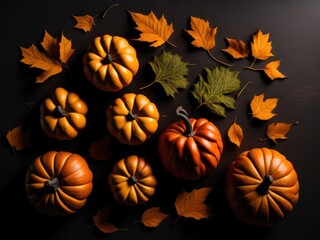 Autumn decorative pumpkins with fall leaves on black background. ai generative