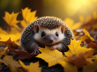 baby hedgehog surrounded by pile of leaves. ai generative