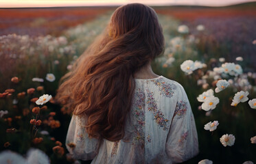 Young woman in a field of flowers with flowy and wavy hair