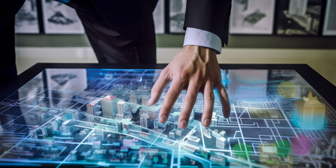 Captivating urban planning simulation expertly maneuvered by a male hand, stirring emotions and showcasing planning excellence. Perfect for depicting visionary innovation. Generative AI