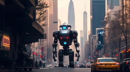 Giant Robot in the City in the Middle of a Roadway, Illustration
