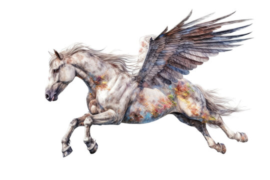 a majestic Pegasus, winged horse, flying, Mythology-themed, photorealistic illustrations in a PNG, cutout, and isolated. Generative AI