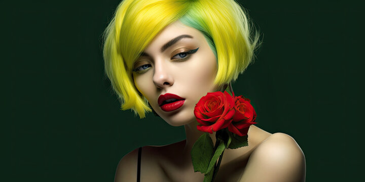 woman with red rose and bright green, yellow hair. Generative AI image.