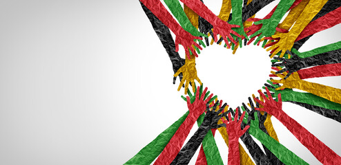 Freedom Day unity and Love and Juneteenth or June 19 as a holiday or June Teenth as hands in a heart shape commemorating the end of slavery as a Social justice concept or Emancipation.
