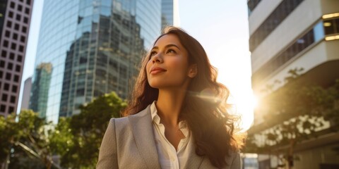 Fototapeta premium Happy wealthy rich successful hispanic businesswoman standing in big city modern skyscrapers street on sunset thinking of successful vision, dreaming of new investment opportunities. Generative AI
