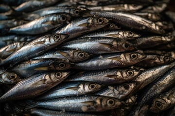 Obraz premium Heap of fresh Mediterranean sardines for sale on the stall of a fisherman at the market, full frame background, selected focus. Generative AI