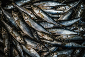Obraz premium Heap of fresh Mediterranean sardines for sale on the stall of a fisherman at the market, full frame background, selected focus. Generative AI