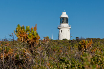 Cape Naturaliste Lighthouse in the south west of Western Australia, high cylindrical white tower...