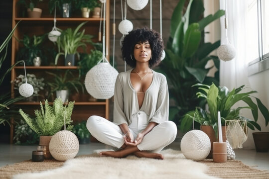 Young black woman sitting on the floor and meditating  in a beautiful room in her home