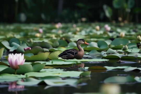 Wild duck on big lotus leaf , lily lotus in the poud swamp at outdoor lotus field. green lotus leaf. Generative AI
