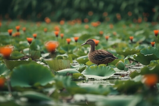 Wild duck on big lotus leaf , lily lotus in the poud swamp at outdoor lotus field. green lotus leaf. Generative AI