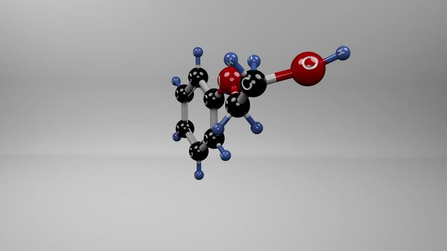 Phenoxyethanol molecule. Molecular structure of Ethylene glycol monophenyl ether. Versatile compound used in various industries as solvent, repellent, antiseptic, and preservative. 