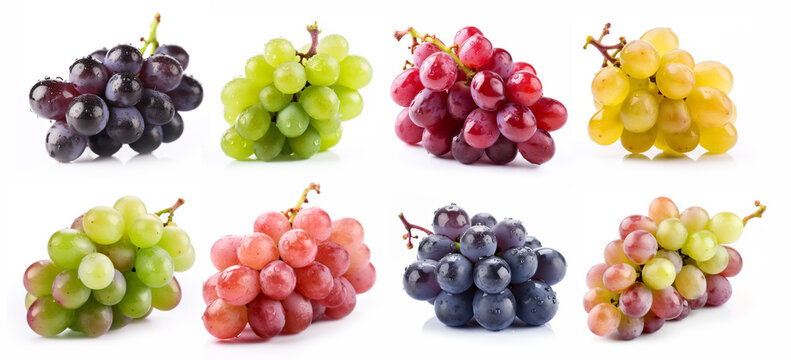 Set of bunches of grapes of different varieties and different colors isolated on a white background.