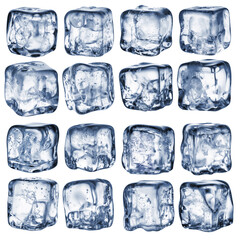 Set of beautiful naturally uneven ice cubes isolated on a white background.