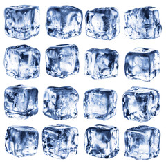 Set of beautiful naturally uneven ice cubes isolated on a black background.