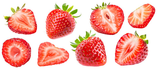 Set of ripe whole strawberries and cut strawberries isolated on white background.
