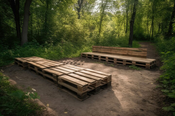 Fototapeta na wymiar Relax area in the park with an ecological bench made with industrial pallets. Generative AI