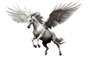 Obraz na płótnie Canvas a majestic Pegasus, White horse with wings, flying, Mythology-themed, photorealistic illustrations in a PNG, cutout, and isolated. Generative AI