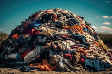Pile of textile and clothing waste. The concept of climate change as consequence of excessive consumption. Generative AI