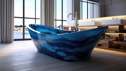 Obraz na płótnie Canvas Breathtaking bathtub in blue, which is amazingly cool and will brighten up the atmosphere of your apartment, because honestly, who has a blue epoxy bathtub? Generative AI Technology 