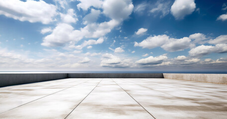 Floor roof space and blue sky with white clouds. Perspective view of the terrace at rooftop building. High quality photo