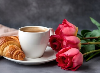 Obraz na płótnie Canvas Cup of coffee with croissants and red tulips on a gray background. High quality photo