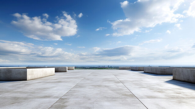 empty floor and blue sky with white clouds. perspective view over the city. High quality photo