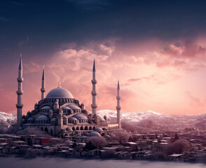 Fototapeta na wymiar A mosque building with a majestic dome, set against a beautiful sky at sunset. High quality photo