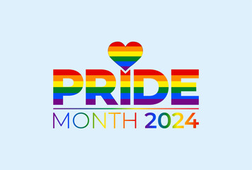 Pride month 2024 with the love vector. Rainbow LGBT flag colors isolated on sky blue background - obrazy, fototapety, plakaty