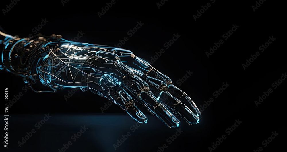Poster wireframed robotic hand on dark background, created with generative ai