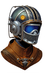 Head and shoulders of a steampunk humanoid wearing a steel helmet with visor and grill. PNG transparent background.