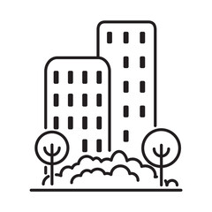 Residential building with trees line icon.