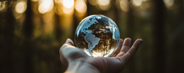 Hand of a man holding a miniature globe on a blurred, dreamlike background. Represents travel possibilities and the desire to explore the beauty of the world. Generative AI