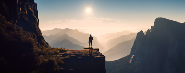 Captivating image of a traveler standing on a cliff edge, witnessing the awe-inspiring view to the horizon. Conveys the emotions of exploration and experiencing nature's grandeur. Generative AI