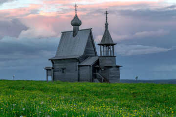 Fototapeta premium Russian Traditional Wooden Church (Chapel) Of St.Nicholas On The Top Of Hill In The Vershinino Village. Kenozero Lake,Kenozersky National Park.