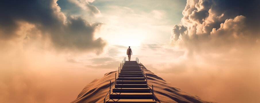Captivating image of man ascending endless ethereal stairs to sky and paradise, surrounded by otherworldly landscape. Emotionally stirring & unique visual. Generative AI