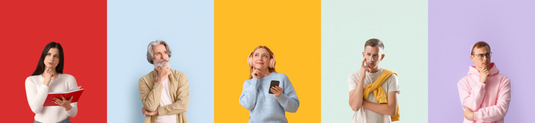 Fototapeta premium Set of thoughtful people on color background