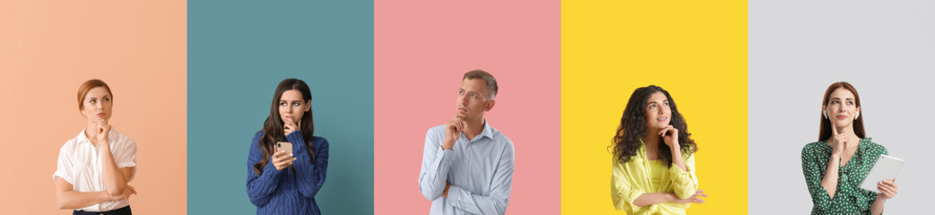 Collage of thoughtful people on color background