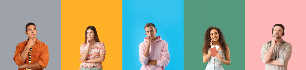 Group of thoughtful people on color background