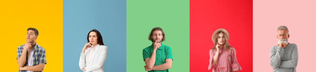 Collection of thoughtful people on color background