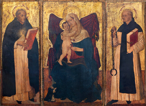 NAPLES, ITALY - APRIL 24, 2023: The medieval painting of Madonna and St. Thomas Aquinas in the church Chiesa di San Pietro Martire by unknown artist of 15. cent. 