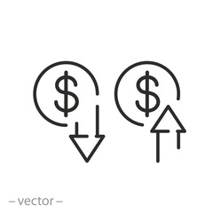 indicators of the financial crisis icon, up down arrows, growth loss dollar, line symbol on white background - editable stroke vector illustration eps10